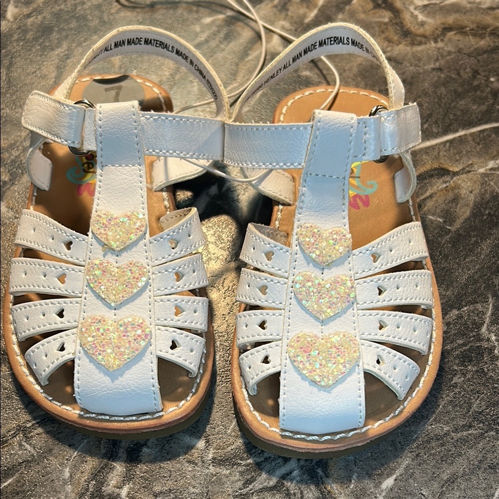 White Glitter Heart Kids Sandals